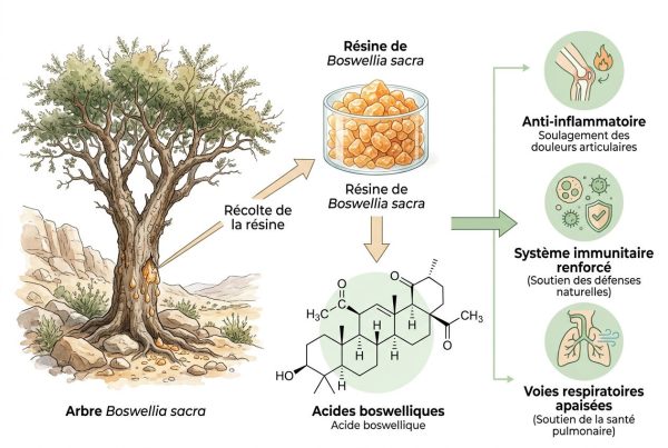 Arbre Boswellia sacra avec récolte de résine, processus vers résine et résine de Boswellia sacr&acy;, acides boswelliques et bienfaits: anti-inflammatoire, système immunitaire renforcé et voies respiratoires apaisées, encens naturel bienfaits.