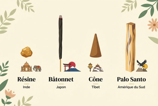 Four éléments d’encens: résine indien, bâtonnet japonais, cône tibétain et palo santo d’Amérique du Sud, avec motifs floraux. encens naturel bienfaits