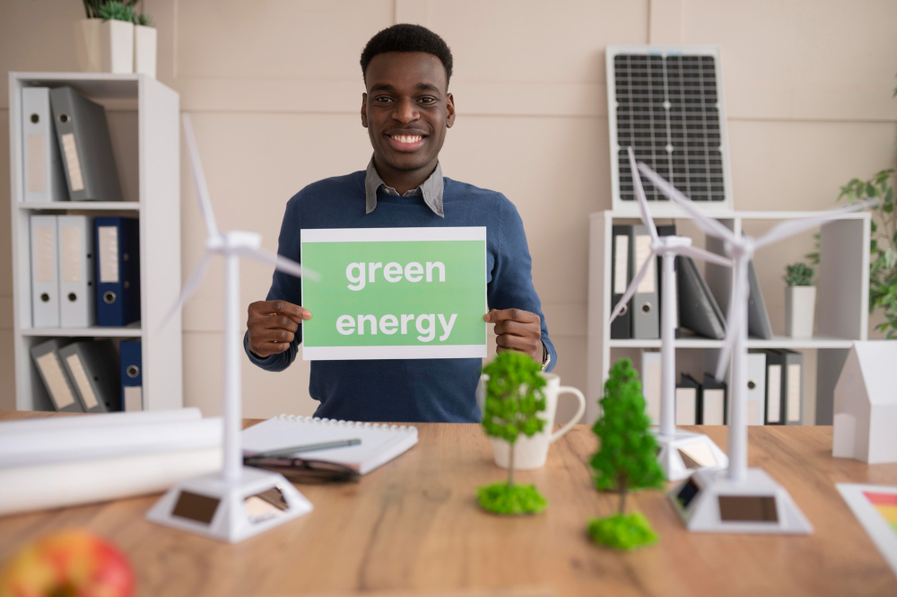 homme tenant un panneau green energy