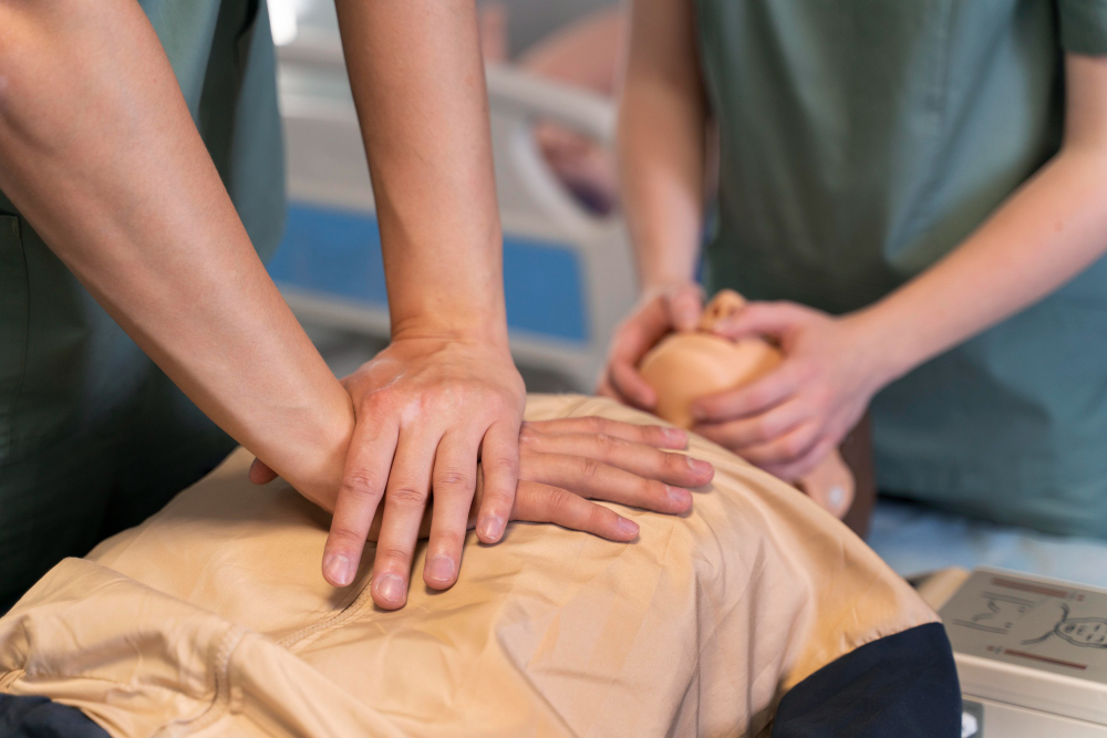 une personne faisant des gestes d'urgence sur un mannequin